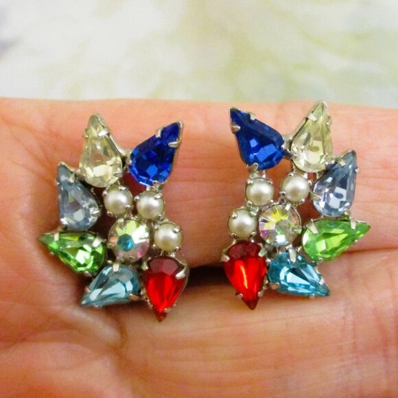 Vintage B DAVID Crystal Rhinestone Pearl Clip Earrings ~ Designer Earrings - Picture 1 of 11